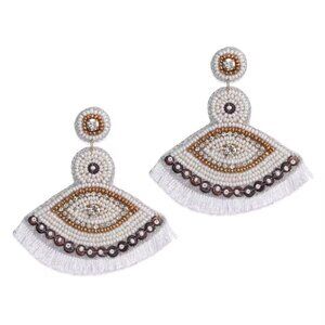 Final Price Handcrafted White Seed Beaded Evil Eye Theme Earrings in Goldtone
